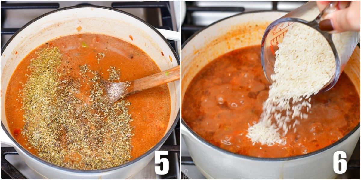 collage of two images of pouring spices in a pot and pouring the rice into the pot.