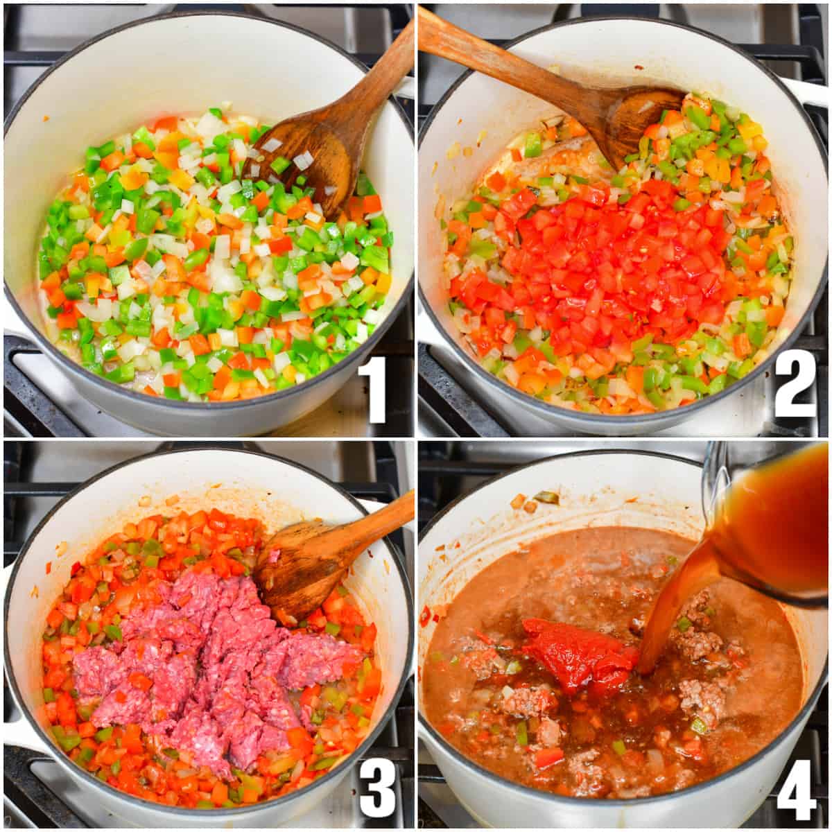 collage of four images of cooking the bell pepper soup in a pot.