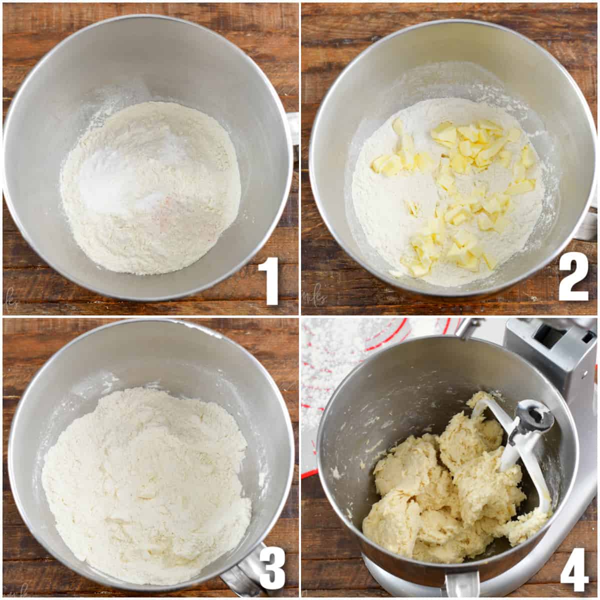 collage of four images of making the dough for biscuits.