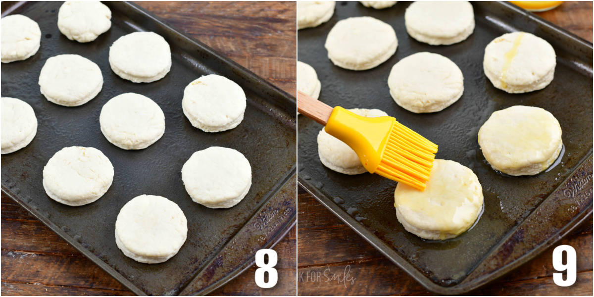 brushing honey butter onto uncooked biscuits that are on a baking sheet.