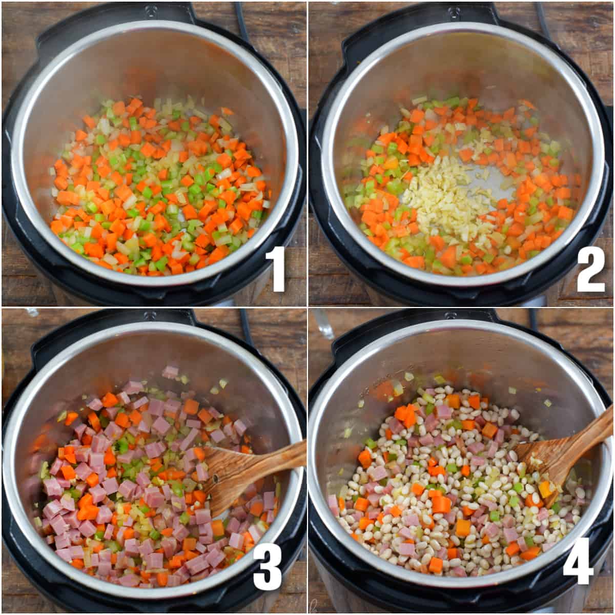 a collage of four images sauteing veggies and ham in the instant pot.