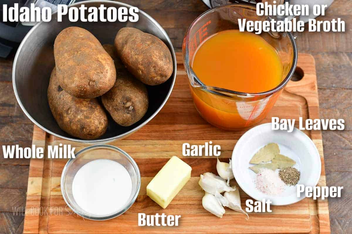 labeled ingredients to make Instant Pot garlic mashed potatoes on the cutting board.