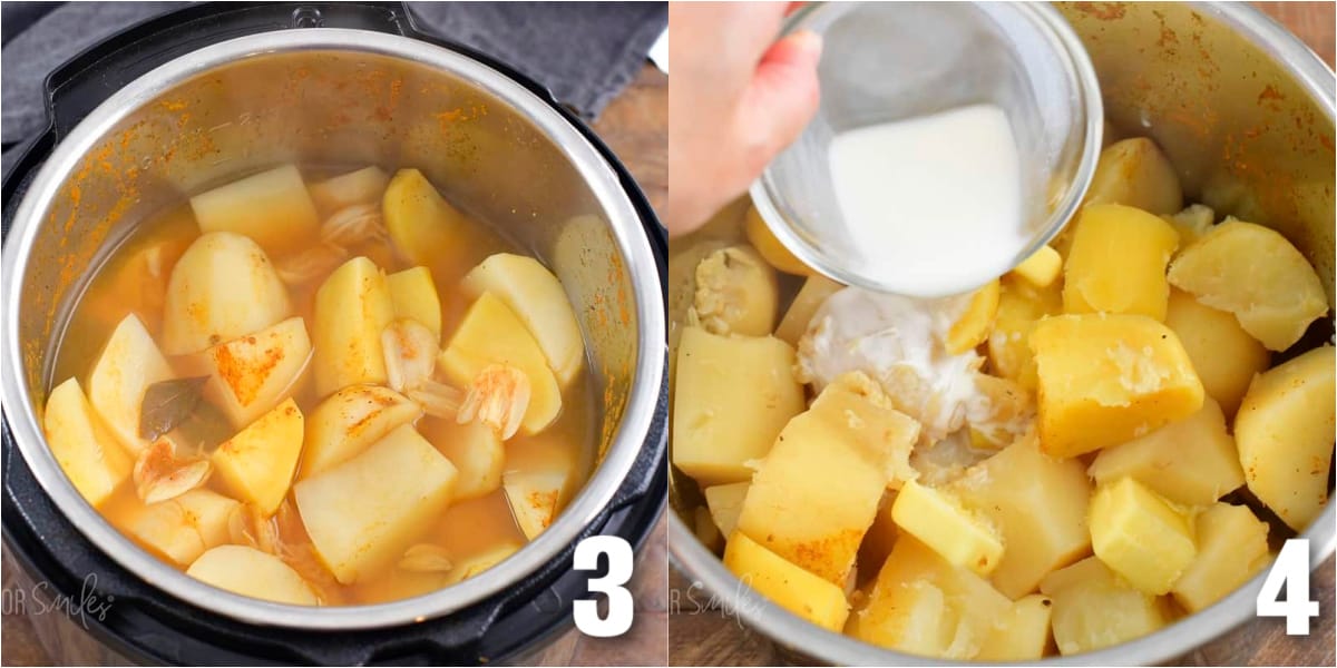 collage of two images of cooked potatoes in instant pot and adding milk.