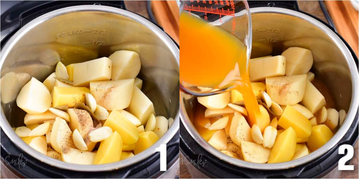 collage of potatoes before cooking and adding broth to them in instant pot.