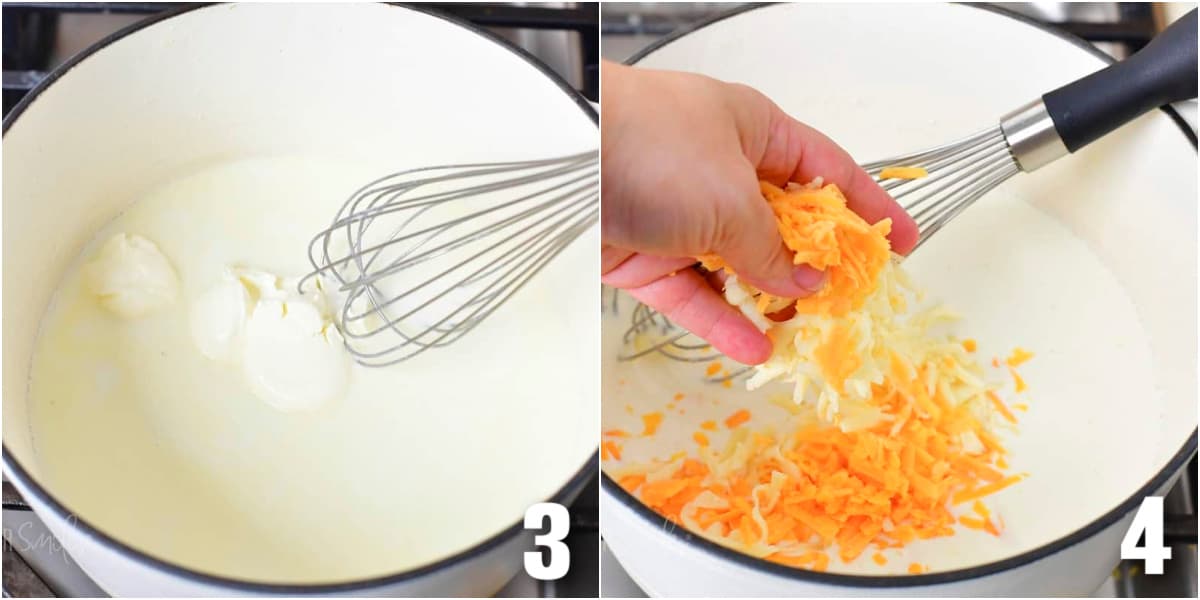 collage of two images of mixing in cream cheese into milk and adding shredded cheese.