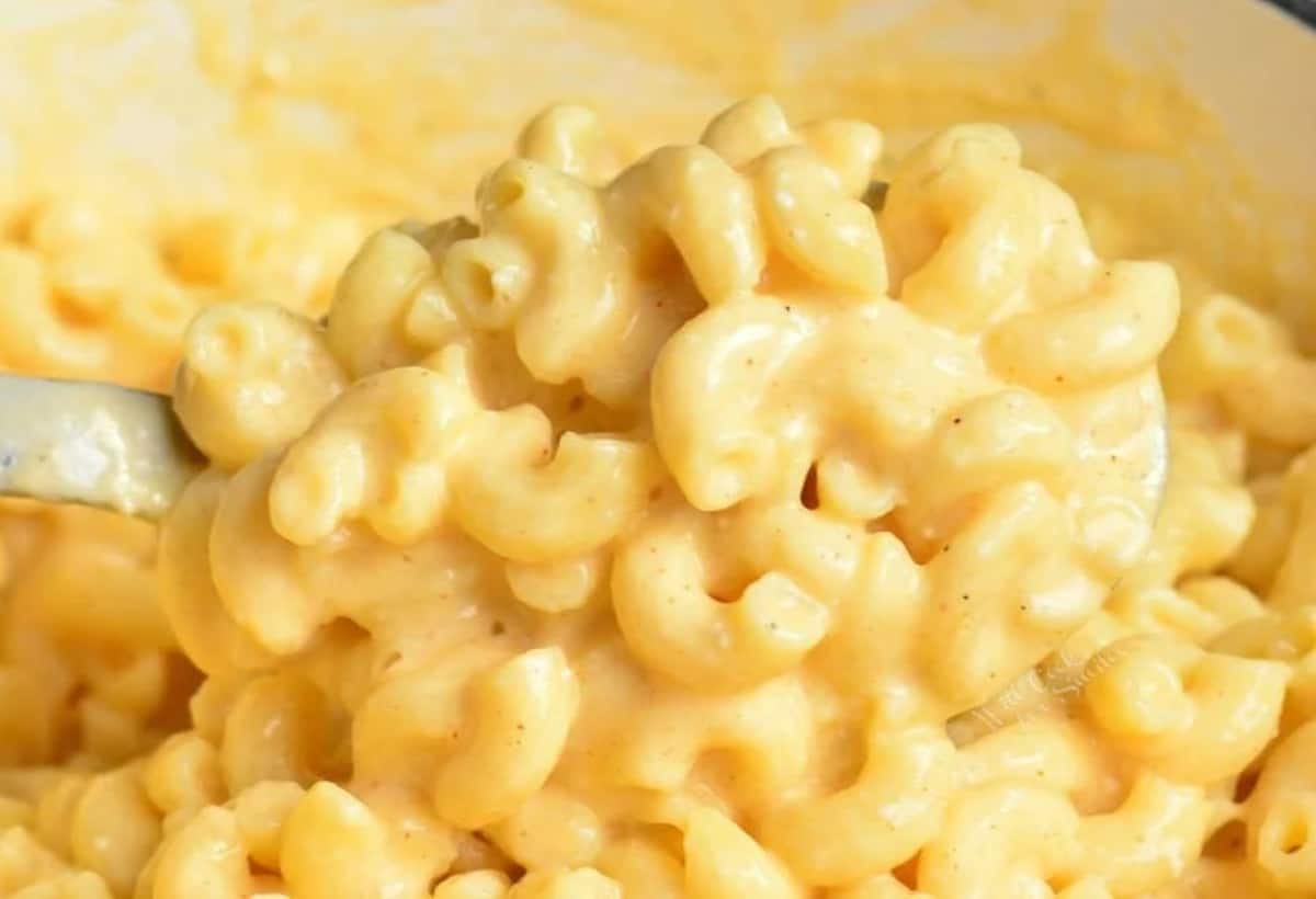scooping the creamy cheesy mac and cheese closeup.