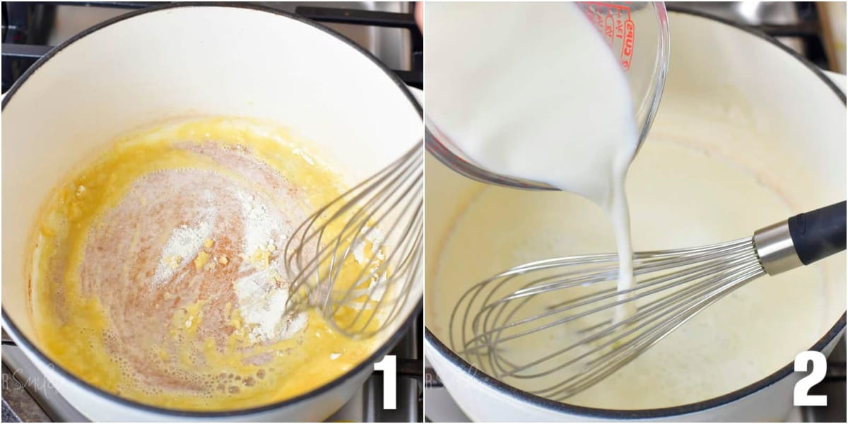 collage of two images of mixing butter in a pot and flour and adding in milk.