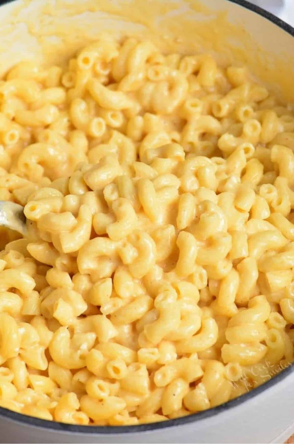 creamy macaroni with cheese sauce in the white Dutch oven.