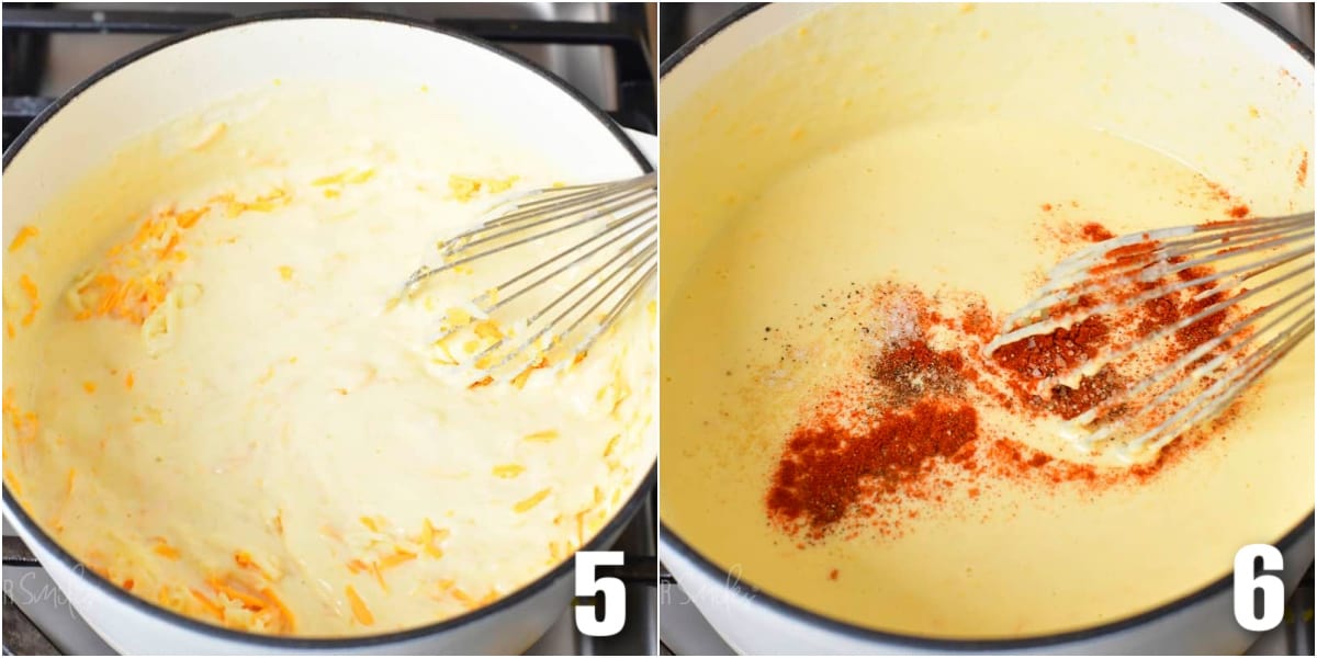 collage of two images of mixing shredded cheese and stirring in seasoning in a pot.