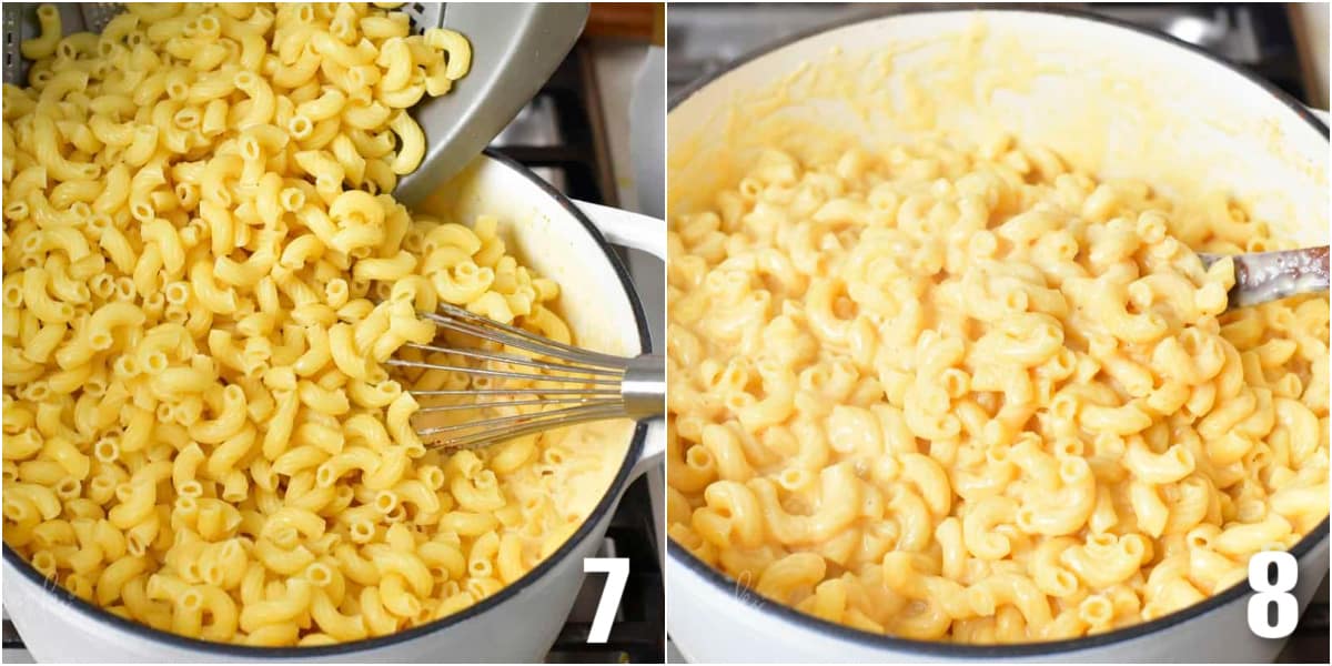 collage of two images of adding cooked macaroni into the cheese sauce and mixing.