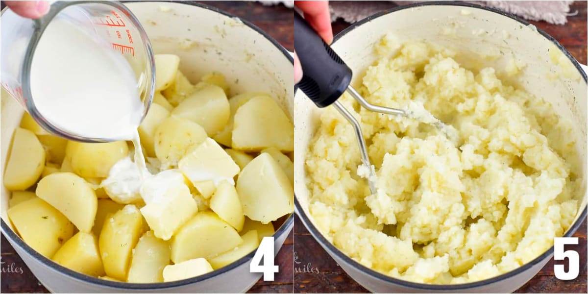 collage of two images of adding milk to cooked potatoes and mashing them.
