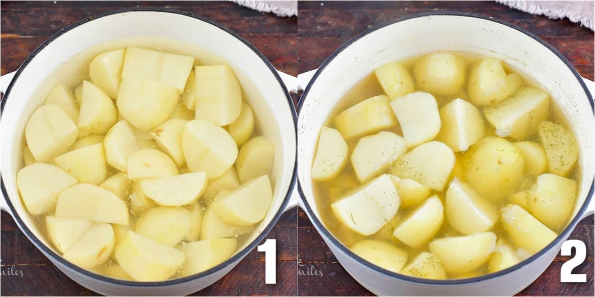 collage of two images of cut potatoes in a pot before and after boiling.