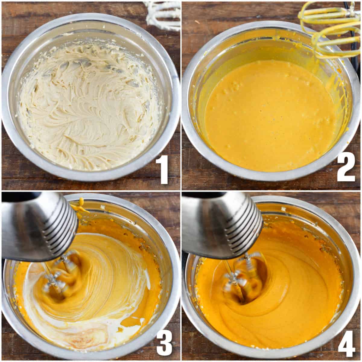 collage of four images of mixing the pumpkin cheesecake filling.