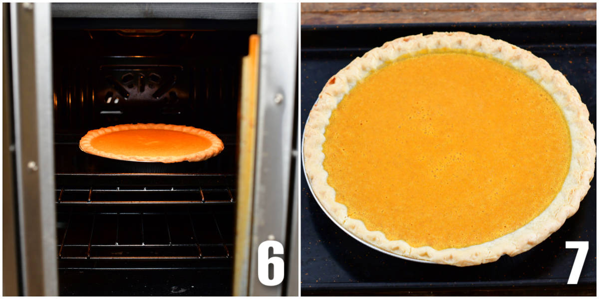 collage of two images of pumpkin pie in the oven and baked.