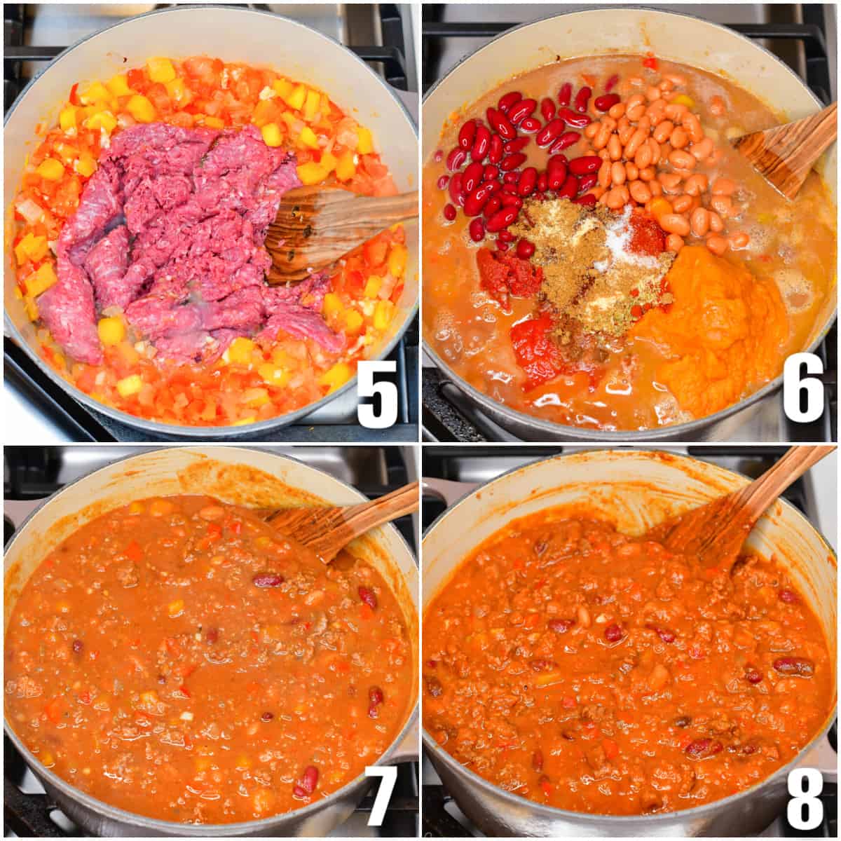 collage of four images of steps of cooking pumpkin chili.