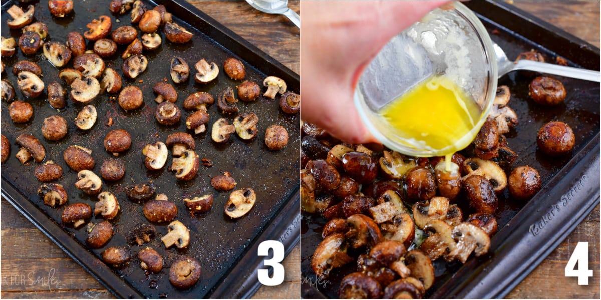 collage of two images baked mushrooms on a baking sheet and pouring butter over mushrooms.