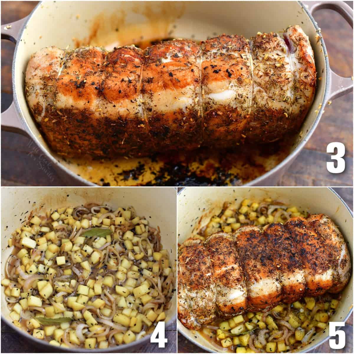 collage of three images of searing pork loin, cooking veggies, and seared pork loin in a pot over veggies.