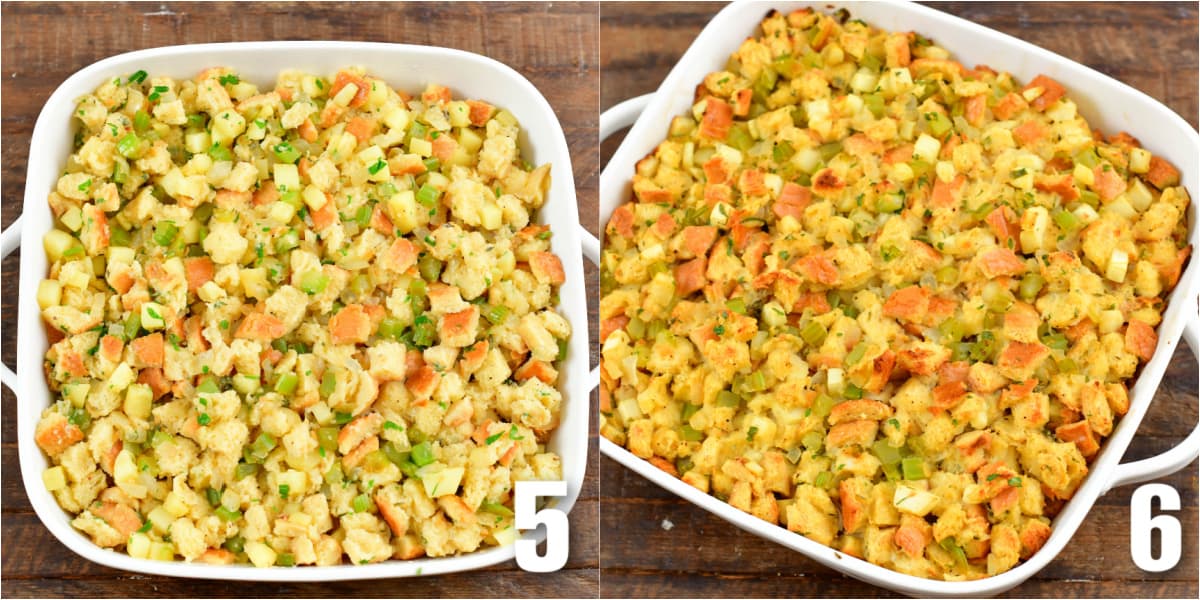 collage of two images before and after of baking stuffing in a casserole dish.