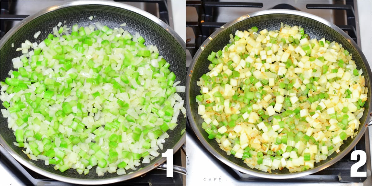 collage of two images of veggies for stuffing cooking in a pan.