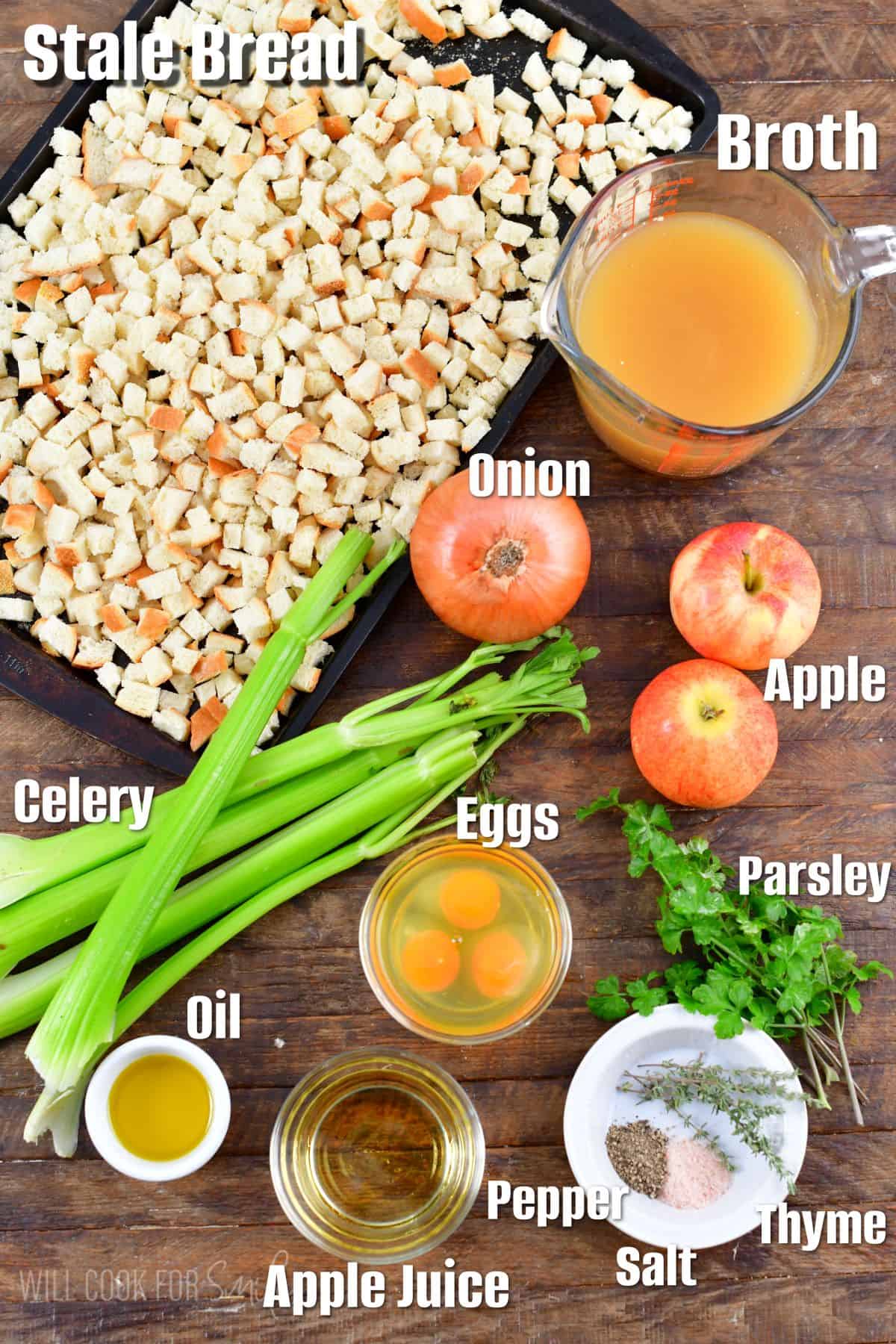 Labeled ingredients for stuffing on a wood surface.