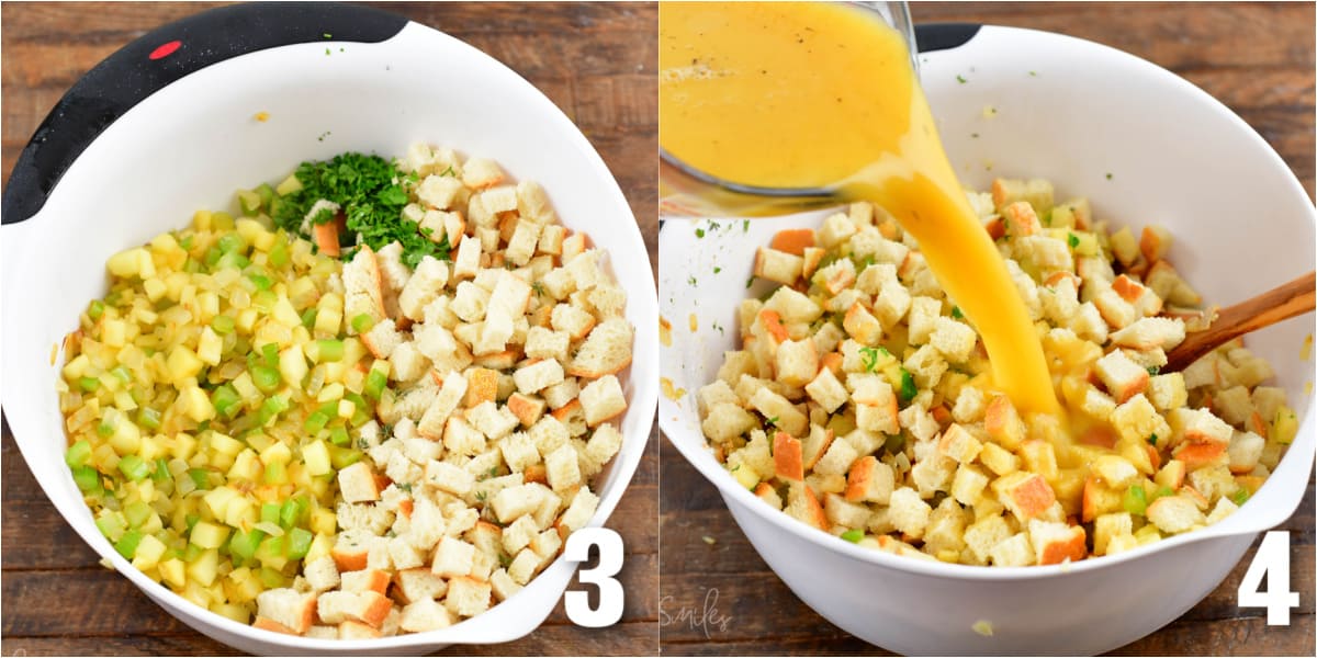 collage of two images of mixing stuffing in a bowl with egg mixture.