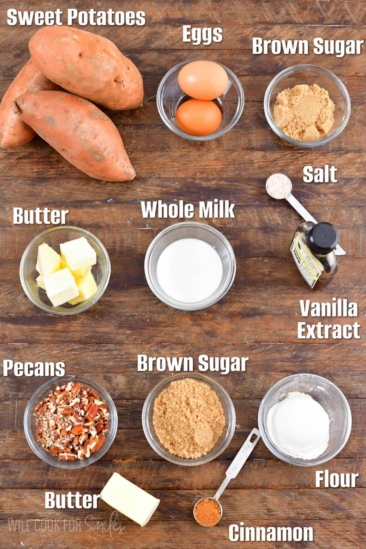 labeled ingredients to make sweet potato casserole on the wooden board.