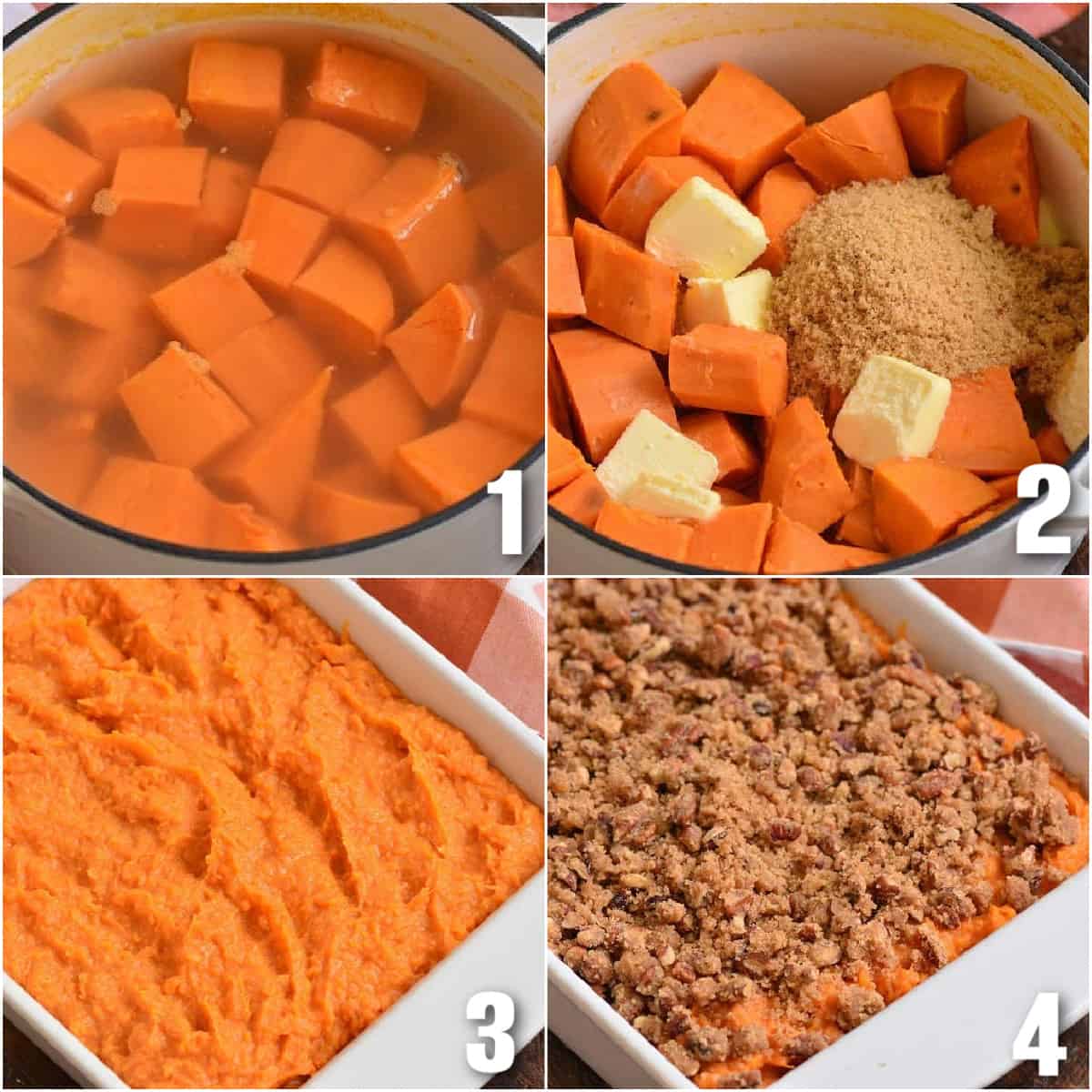 collage of four images to cook the sweet potatoes and then make the casserole.