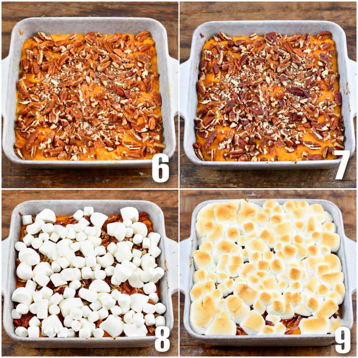 collage of four images to make sweet potato casserole with marshmallow topping.