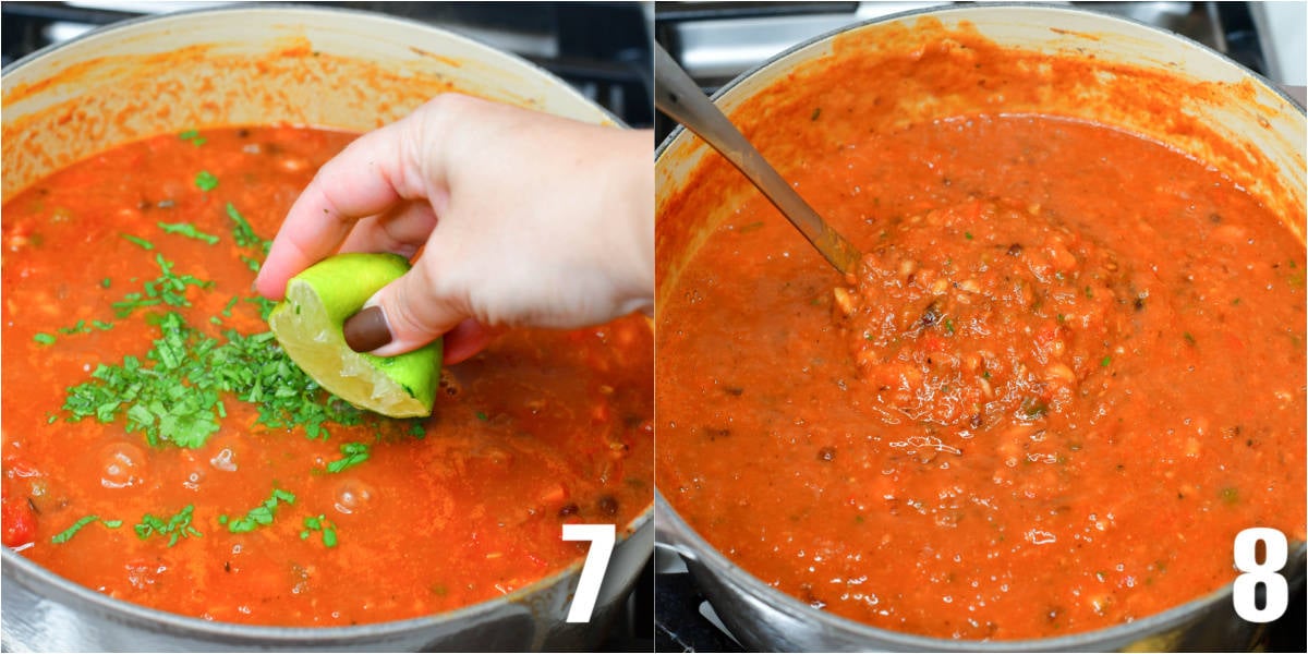 collage of two images of adding lime to chili and mixing the chili.