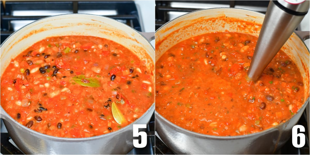 collage of two images of vegetarian chili cooking and blending the chili.