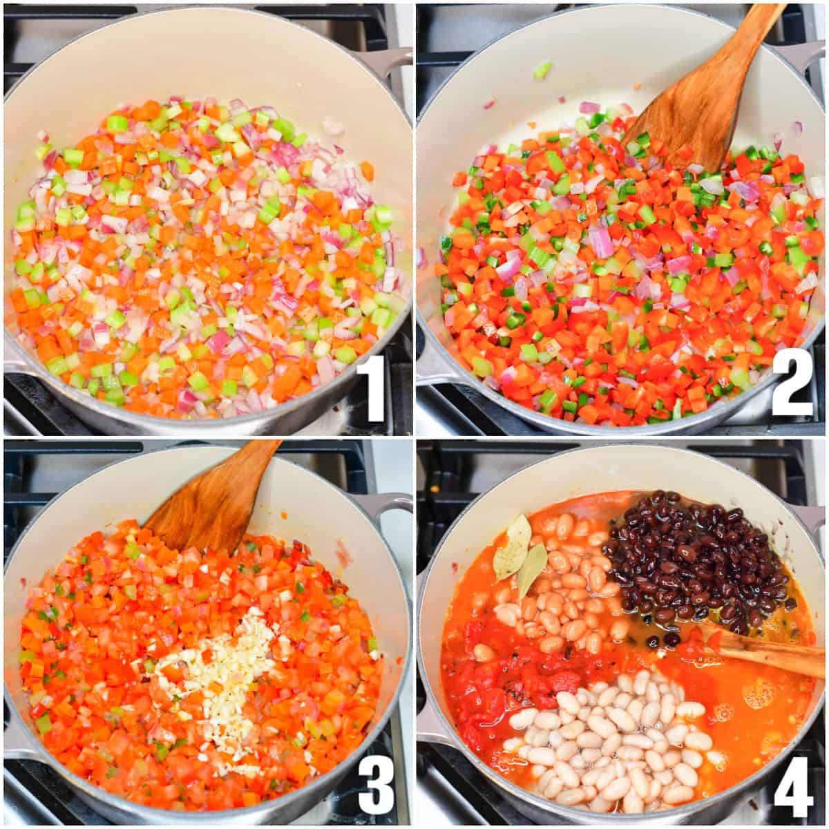 collage of four images of steps of cooking vegetables and adding beans into the pot.