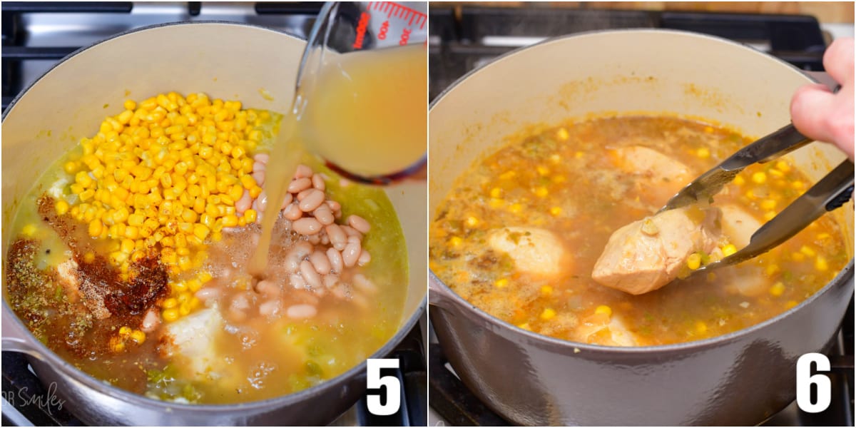 collage of two photos of adding stock to the pot with the veggies and then pulling the chicken out of the pot.