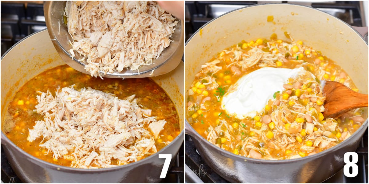 collage of two images of adding the shredded chicken back to the pot then stirring in the sour cream.