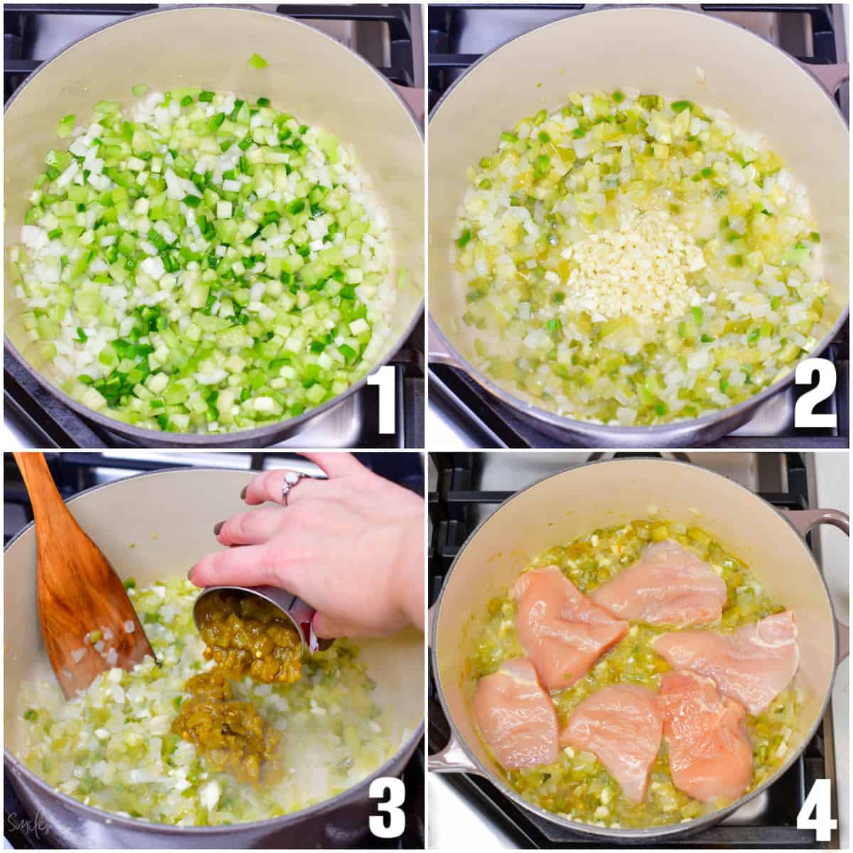 collage of four images of cooking the veggies and chicken for the chili in a pot.
