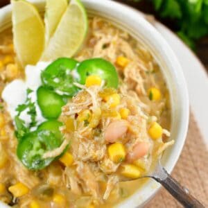 white chicken chili on a spoon