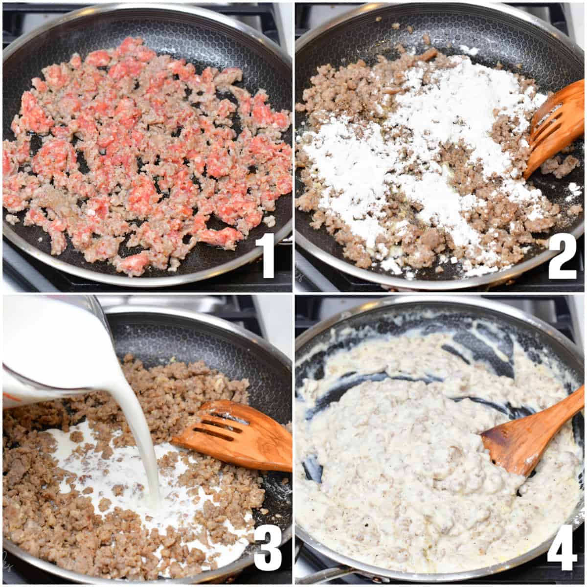 Collage of four images of steps for making sausage gravy cooking sausage, adding flour, pouring in milk.