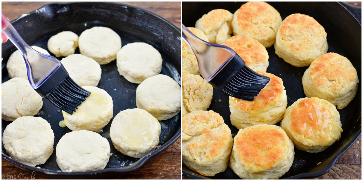 Collage of two images of before and after of cooking biscuits in a cast iron pan.