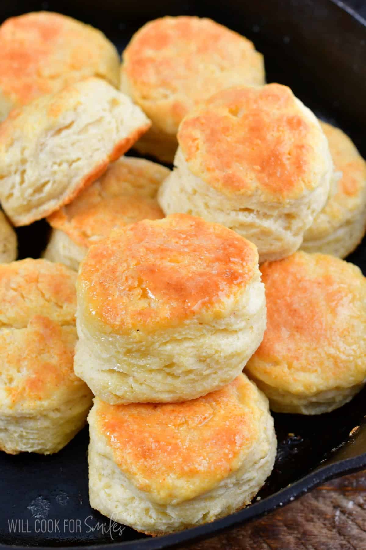 stacked biscuits in a skillet.