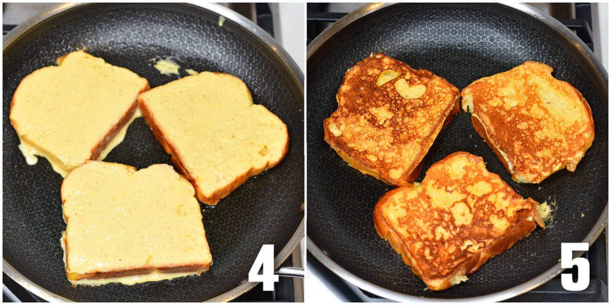Collage of two images of Eggnog French Toast being cooked in a pan.