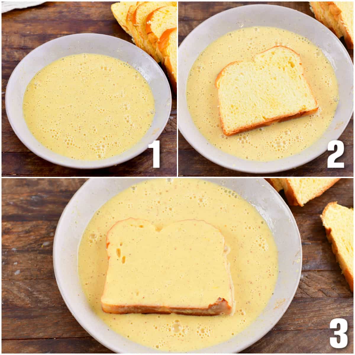Collage of three images of eggnog French Toast being soaked in bread.
