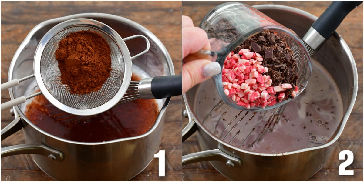 collage of two images of adding cocoa powder and chopped chocolate and peppermints to cocoa.
