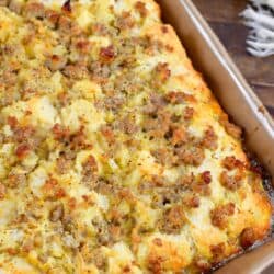 sausage breakfast casserole in a casserole dish.