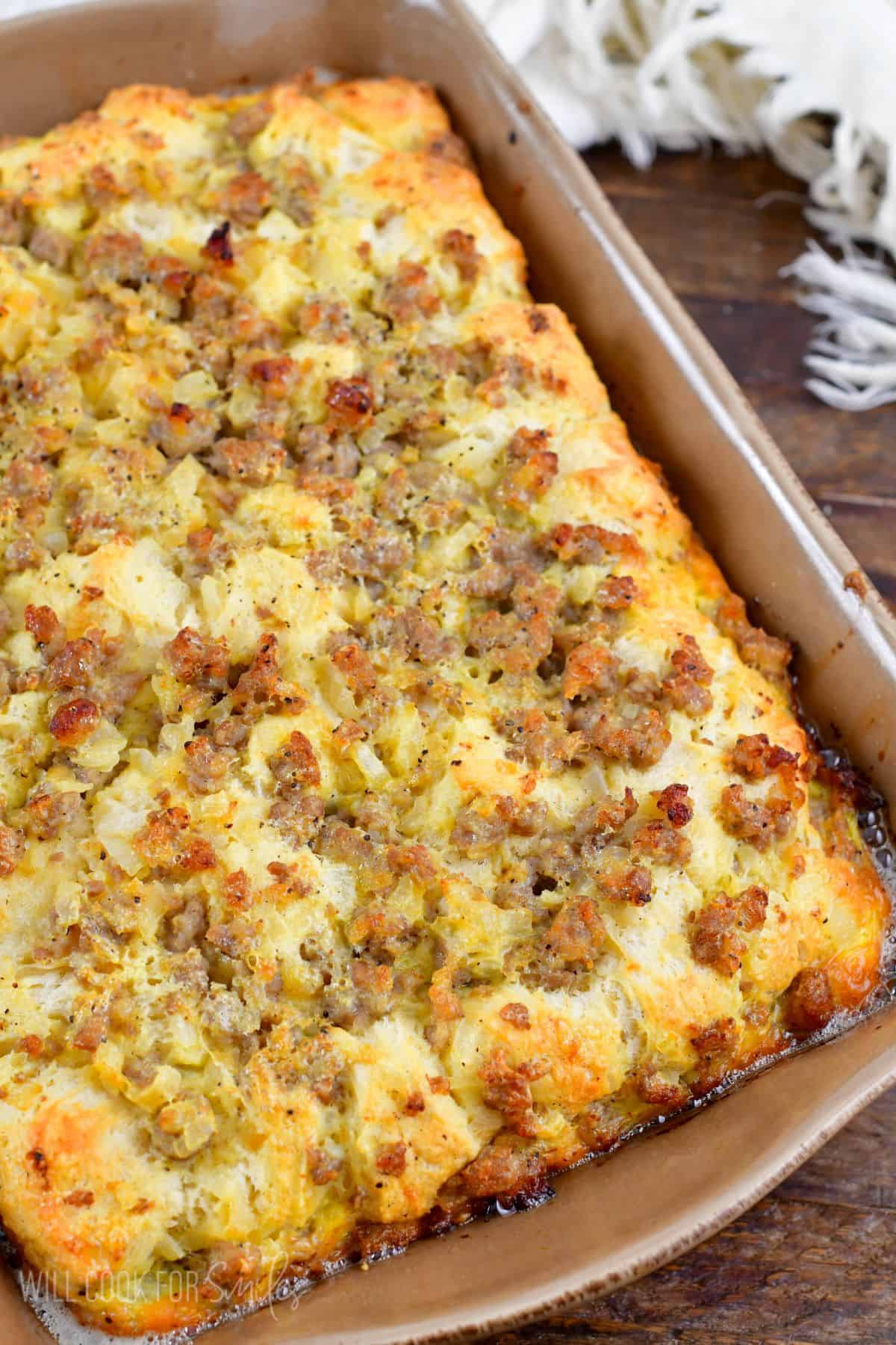 sausage breakfast casserole in a casserole dish.