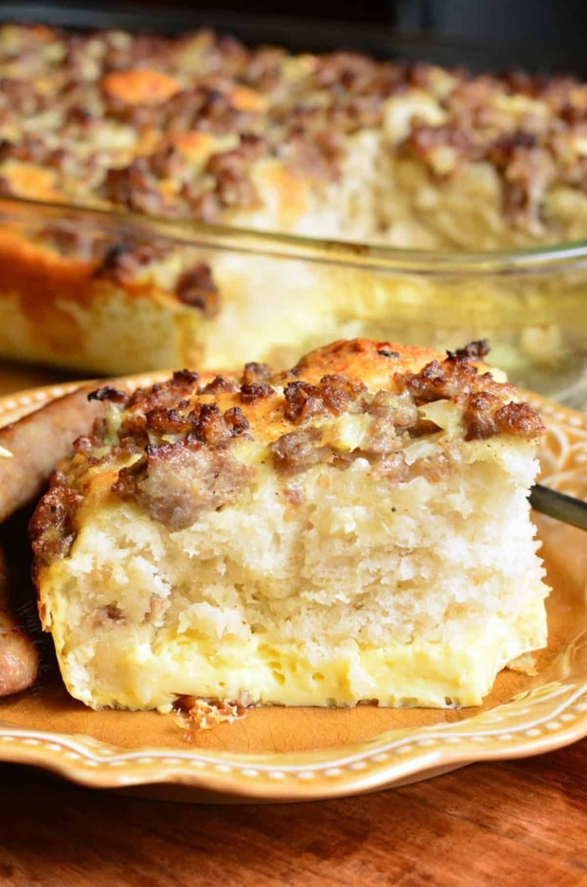 slice of sausage breakfast casserole on a plate.