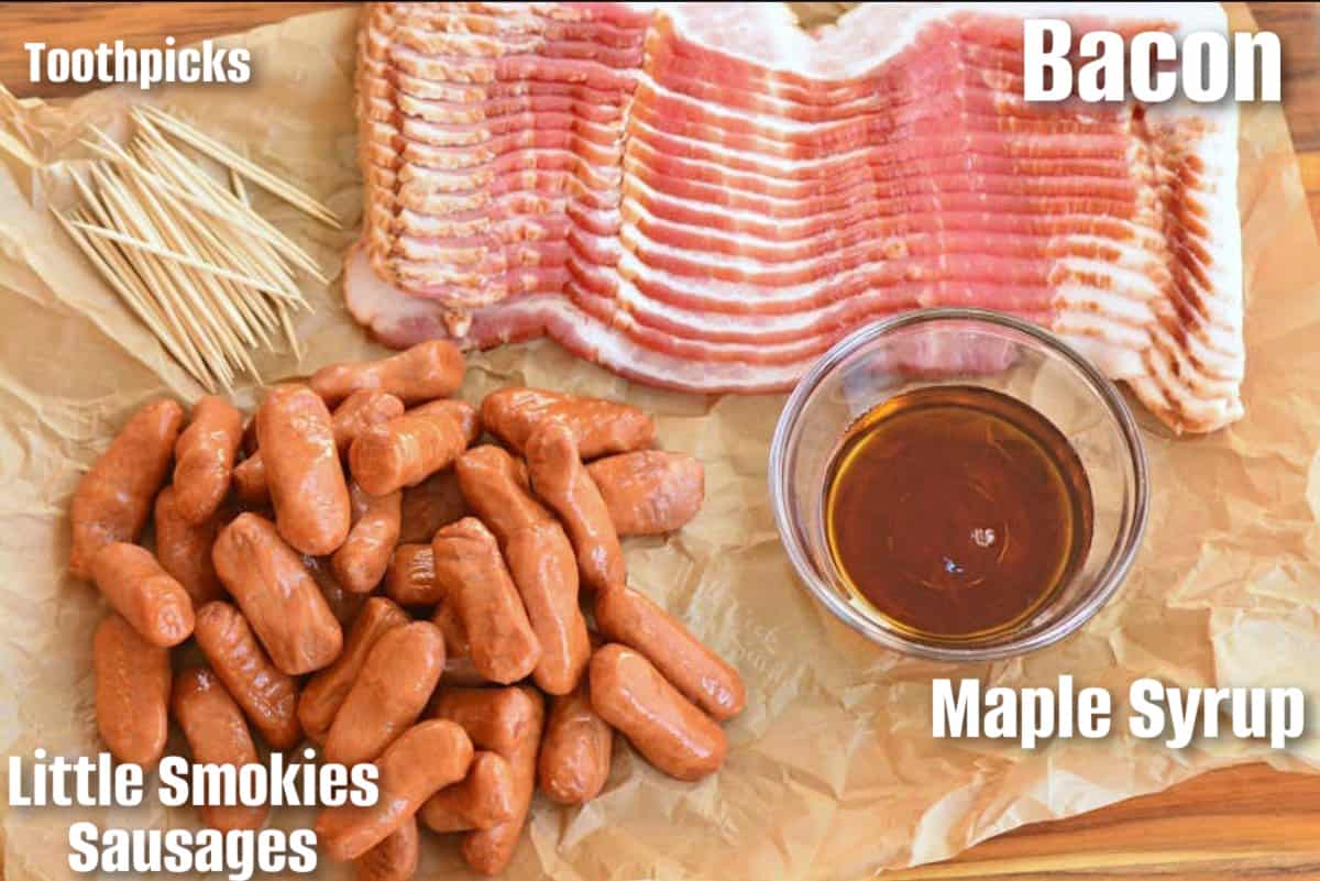 labeled ingredients to make bacon wrapped little smokies in parchment paper.