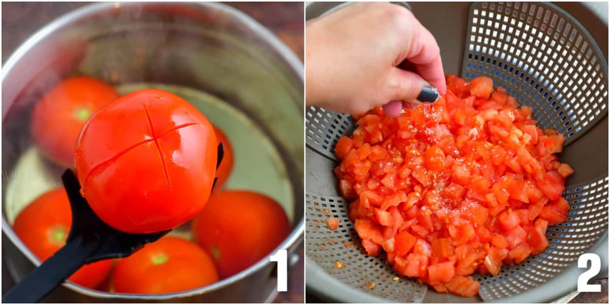 collage of two images of boiling tomatoes to peel and adding salt to diced tomatoes.