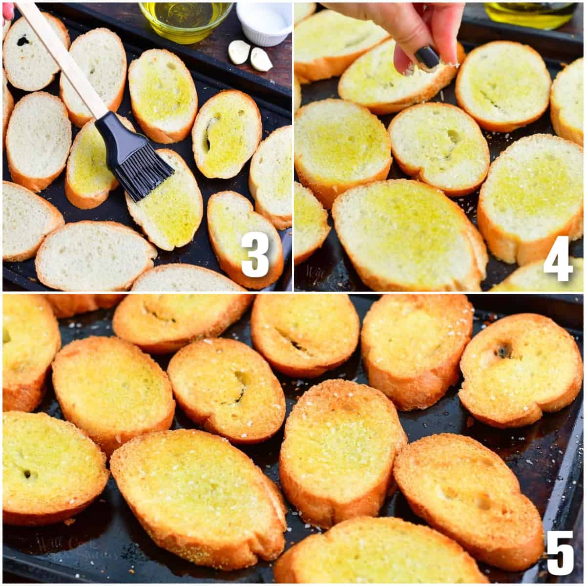 collage of three images of brushing oil on bread, adding salt, and toasted bread.