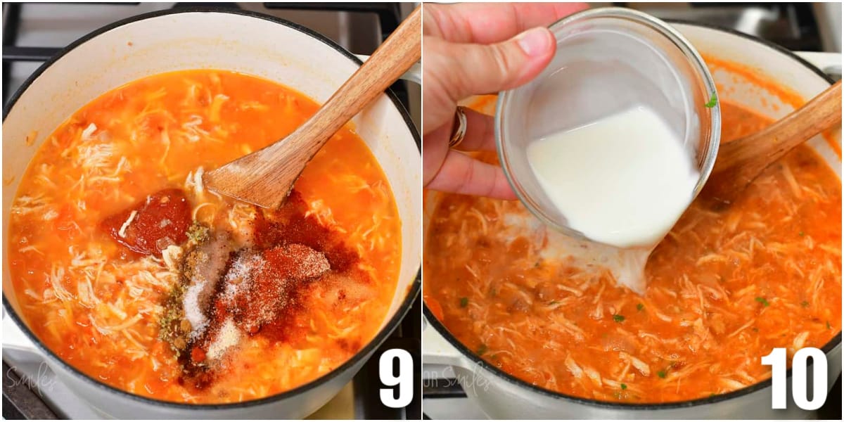 collage of two images of adding seasoning and cream to the enchilada soup.