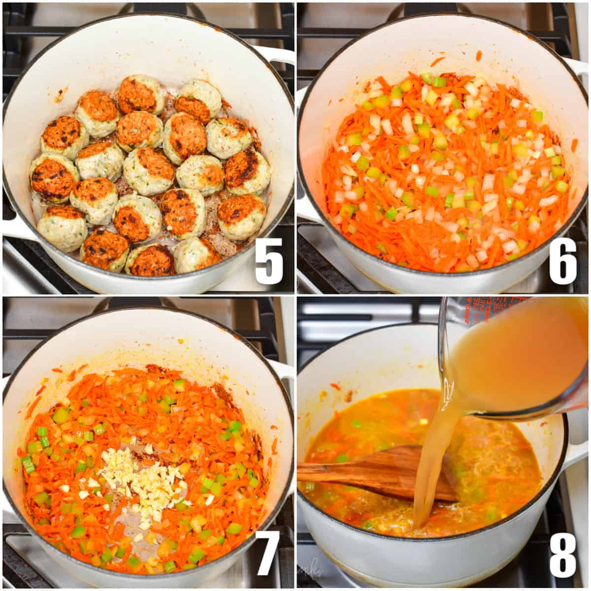 Collage of four images of cooking meatballs and veggies in a pan and pouring in the stock.