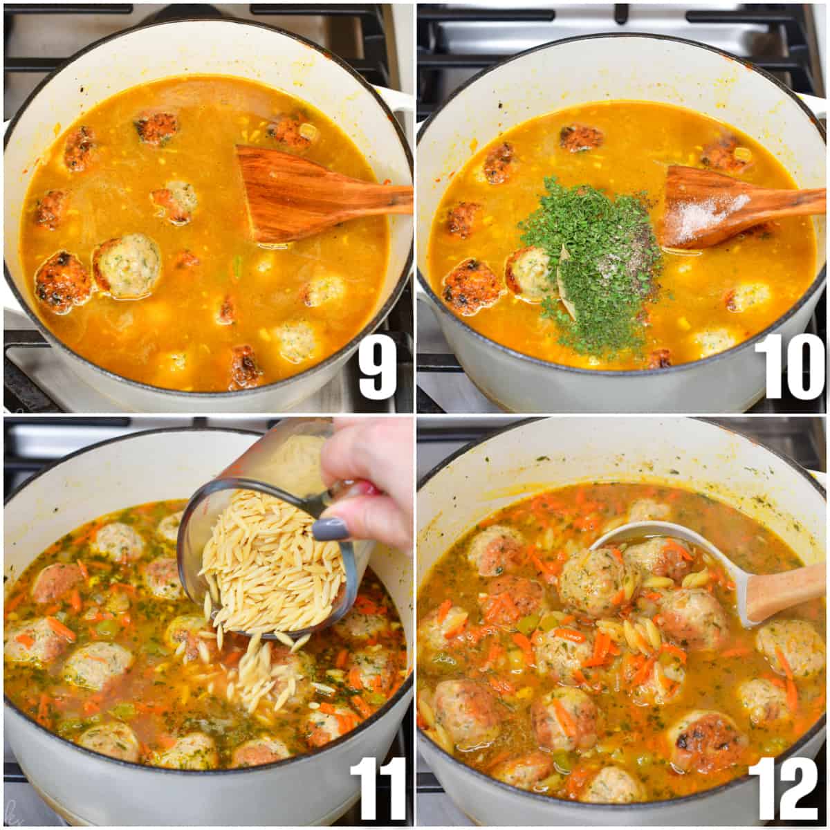 Collage of four images of finishing off cooking the soup with herbs and pouring in orzo.
